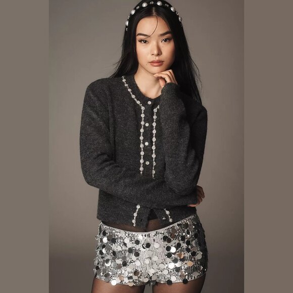 NEW Size XL Maeve Embellished Crew-Neck Cardigan Sweater - Grey - Picture 1 of 4